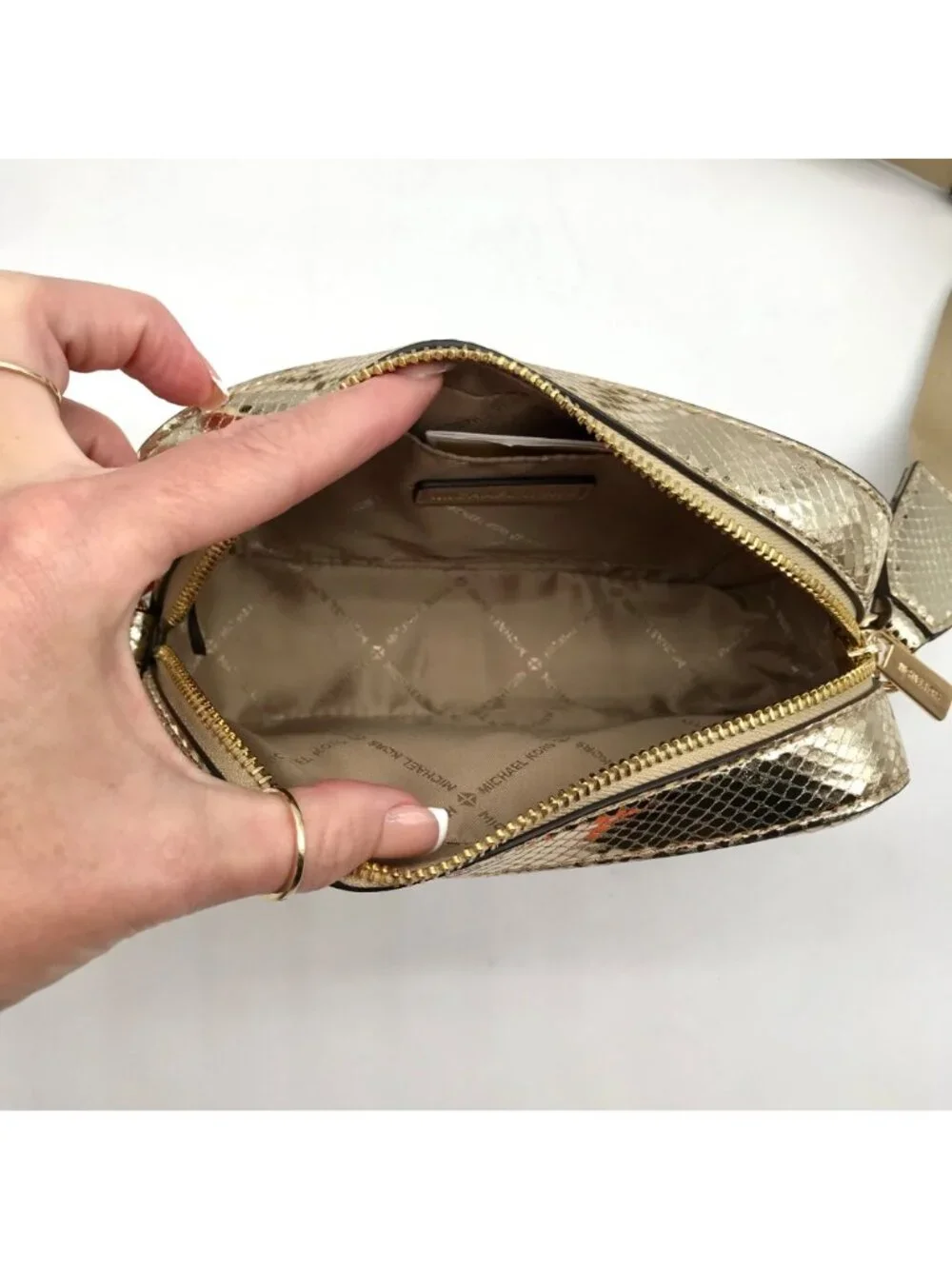 Michael Kors Metallic Gold Leather Maisie 2-In-1 Camera Crossbody Bag